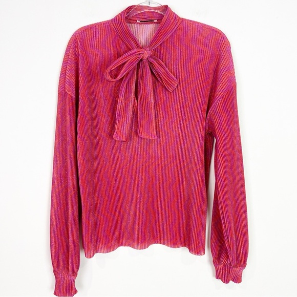 ZARA TRAFULAC PINK MICRO PLEAT LONG SLEEVE BLOUSE TIE NECKLINE WOMENS SMALL - Picture 2 of 6
